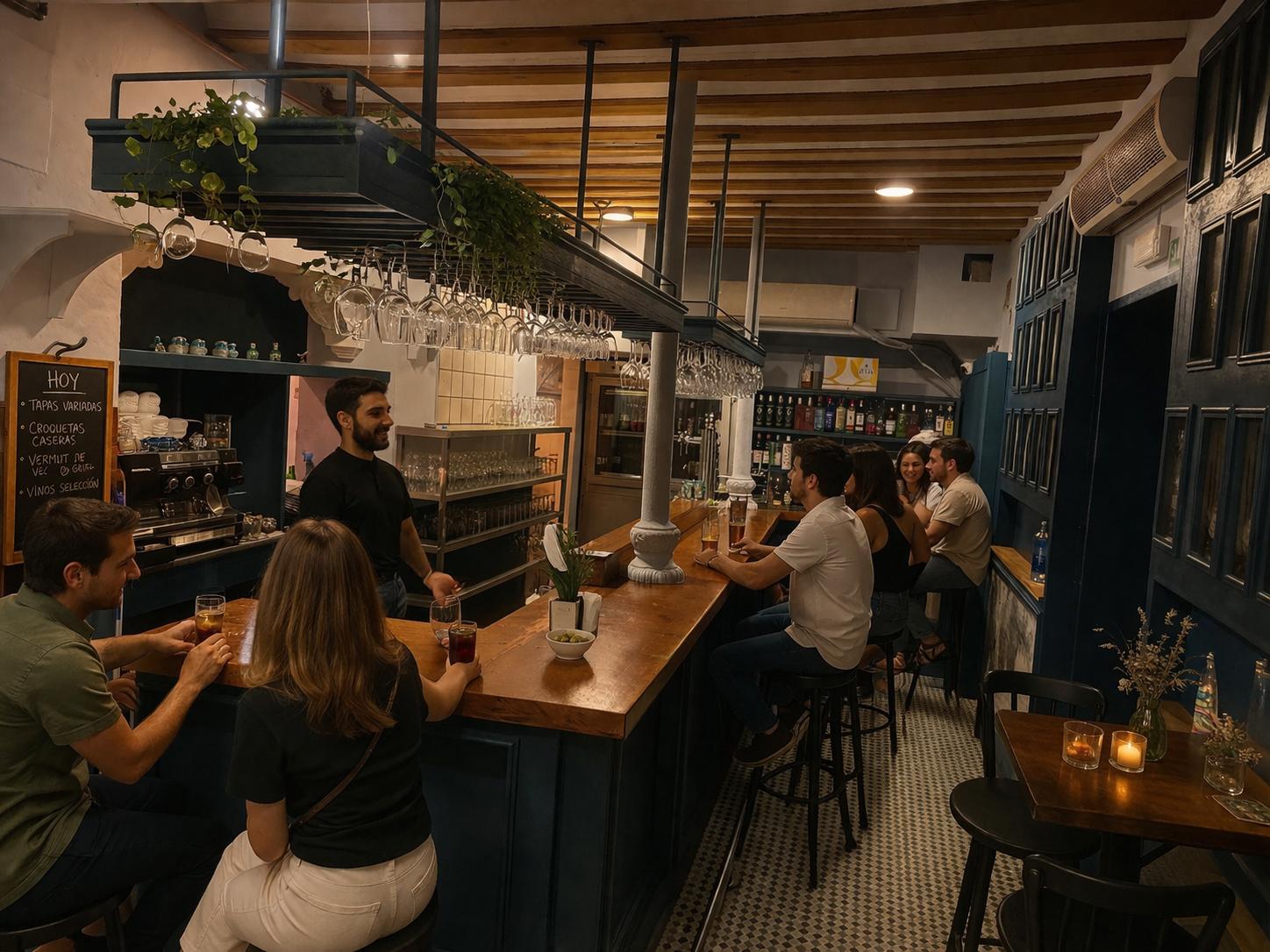 Interior del bar La Galera: barra de madera con tapas preparadas.