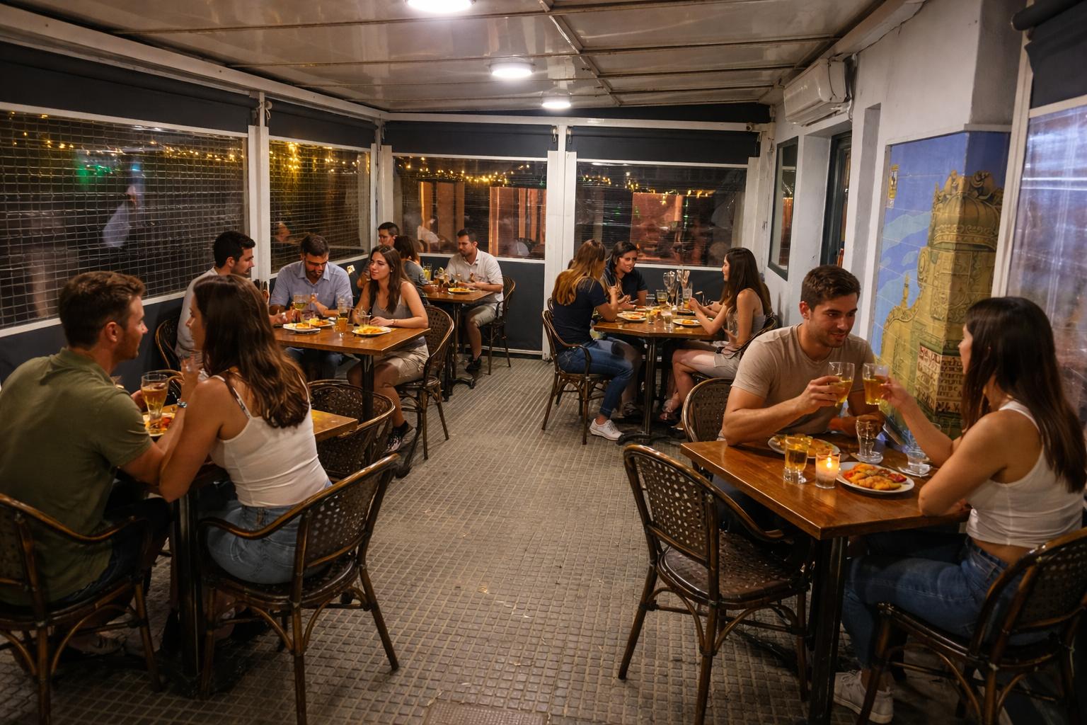 Terraza exterior de La Galera con mesas para comer pescaíto al aire libre.